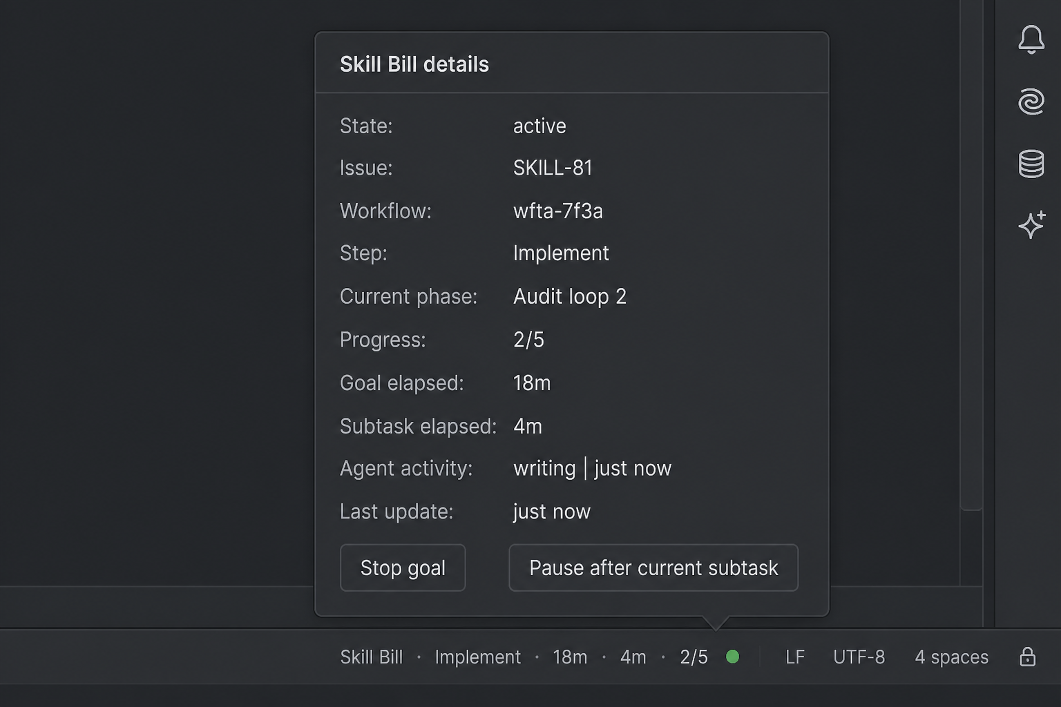 IntelliJ IDEA status bar showing Skill Bill active on Implement for SKILL-81, with the details popup open for Stop goal and Pause after current subtask